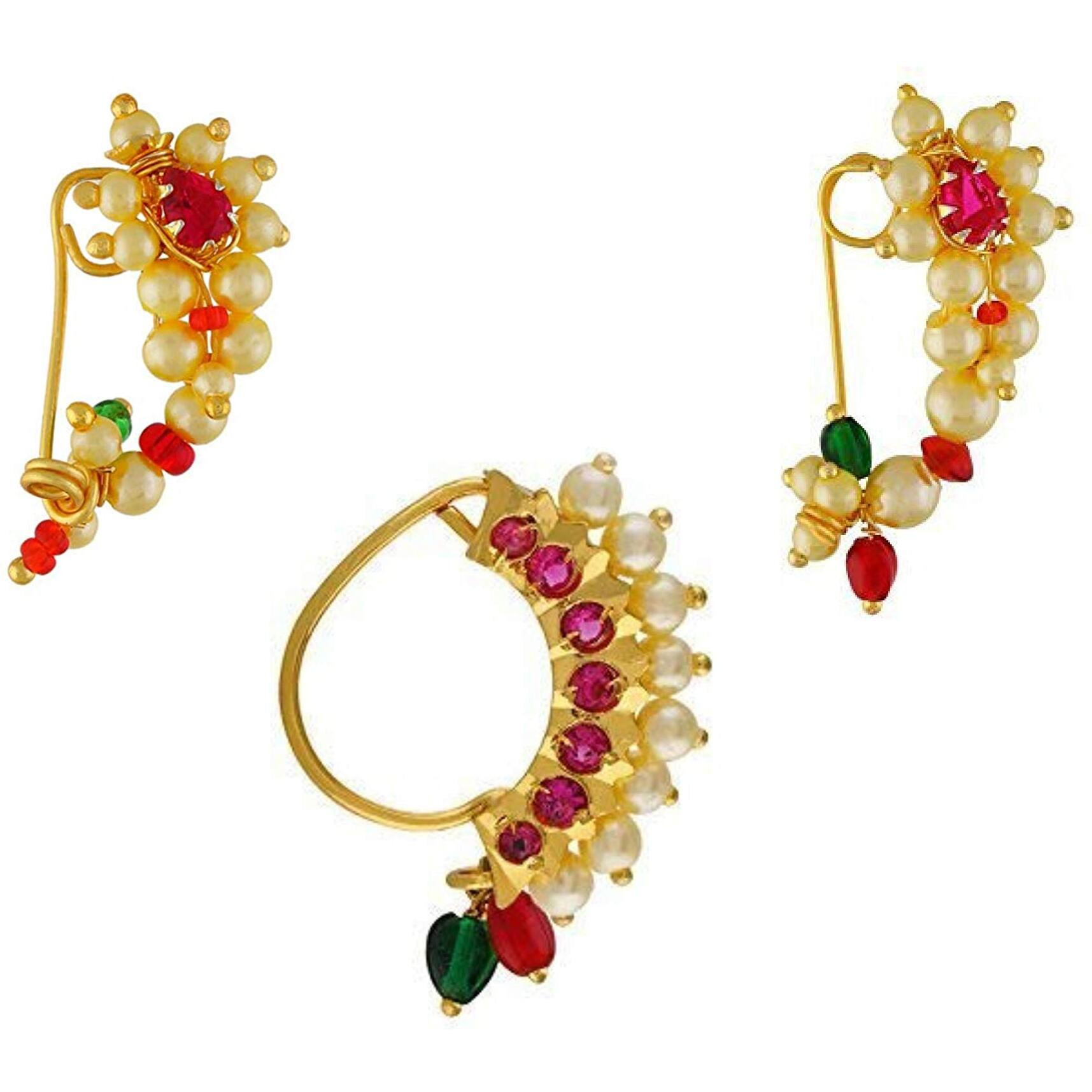 Vail Creations Small Size Traditional Maharashtrian Nose ring without piercing Pearl Gold Plated Nath Clip On Nose Ring For Women (Combo of 3)