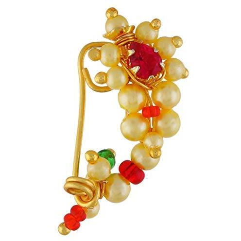 Vail Creations Small Size Traditional Maharashtrian Nose ring without piercing Pearl Gold Plated Nath Clip On Nose Ring For Women (Combo of 3)