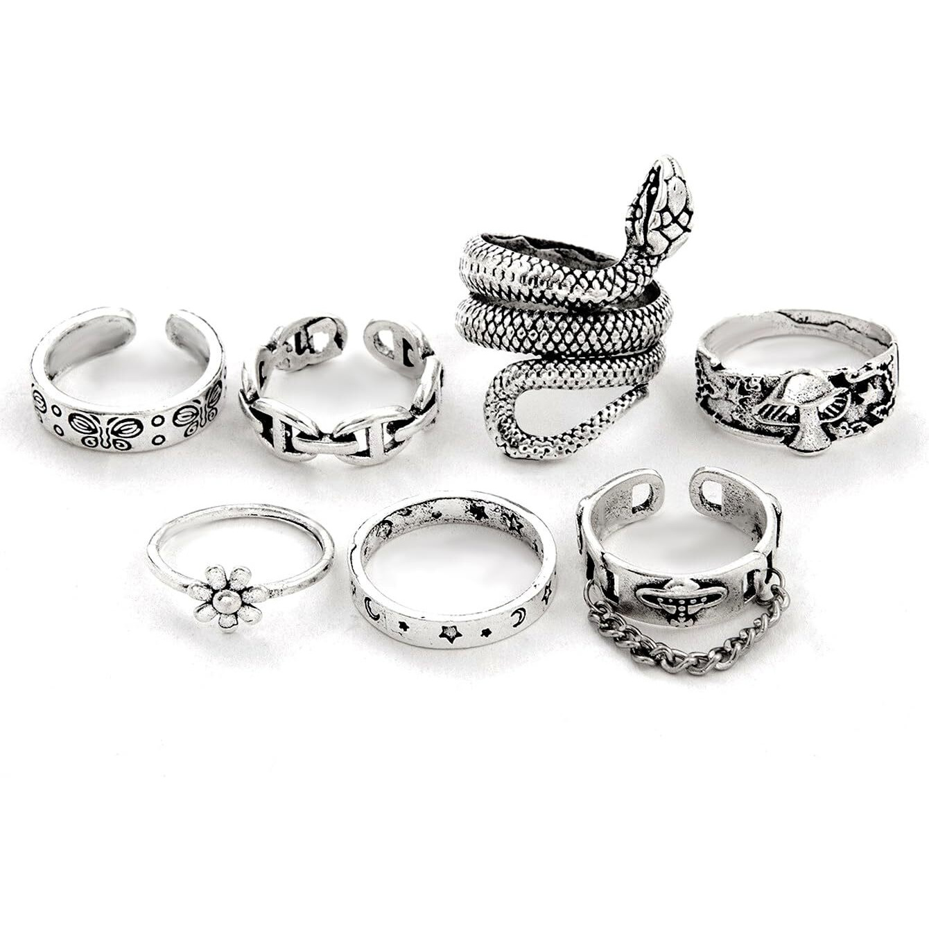 Fashion Frill Silver Ring For Girls Finger Ring Oxidized Silver Plated AD Silver Boho Midi Finger Rings For Women Girls Ring Jewellery Combo Set (Vintage)
