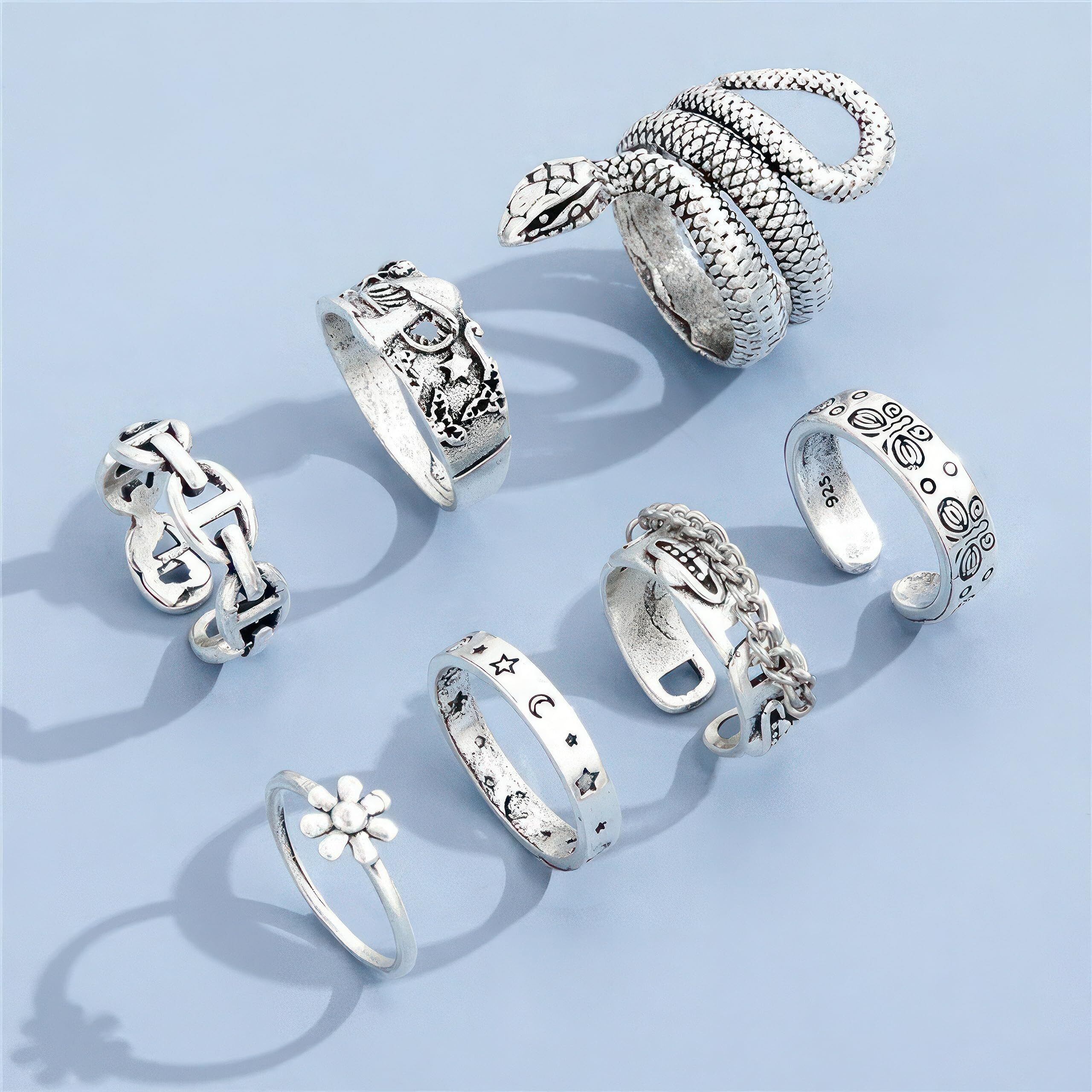 Fashion Frill Silver Ring For Girls Finger Ring Oxidized Silver Plated AD Silver Boho Midi Finger Rings For Women Girls Ring Jewellery Combo Set (Vintage)