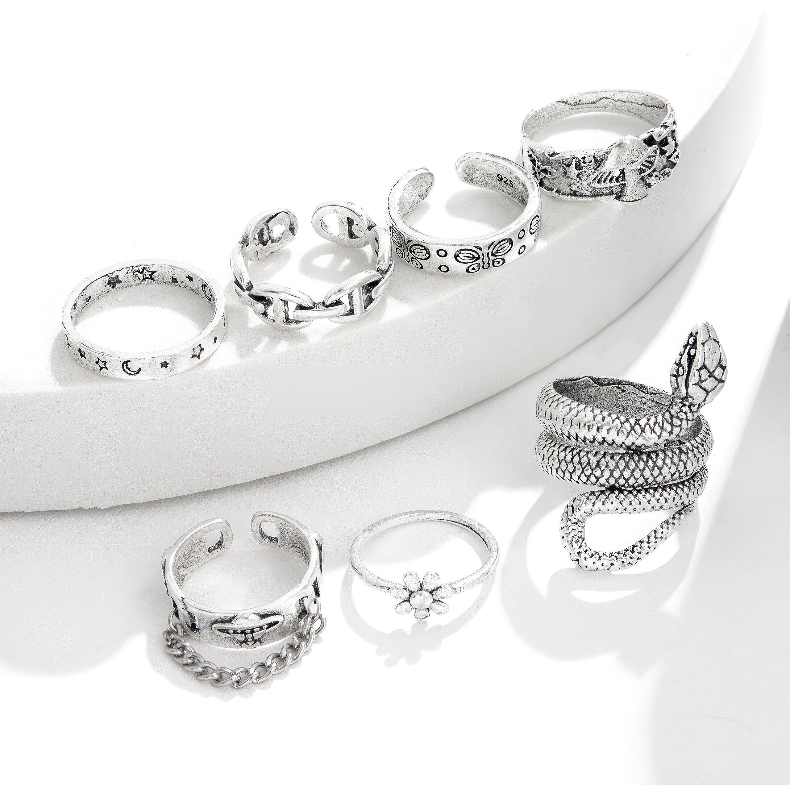Fashion Frill Silver Ring For Girls Finger Ring Oxidized Silver Plated AD Silver Boho Midi Finger Rings For Women Girls Ring Jewellery Combo Set (Vintage)