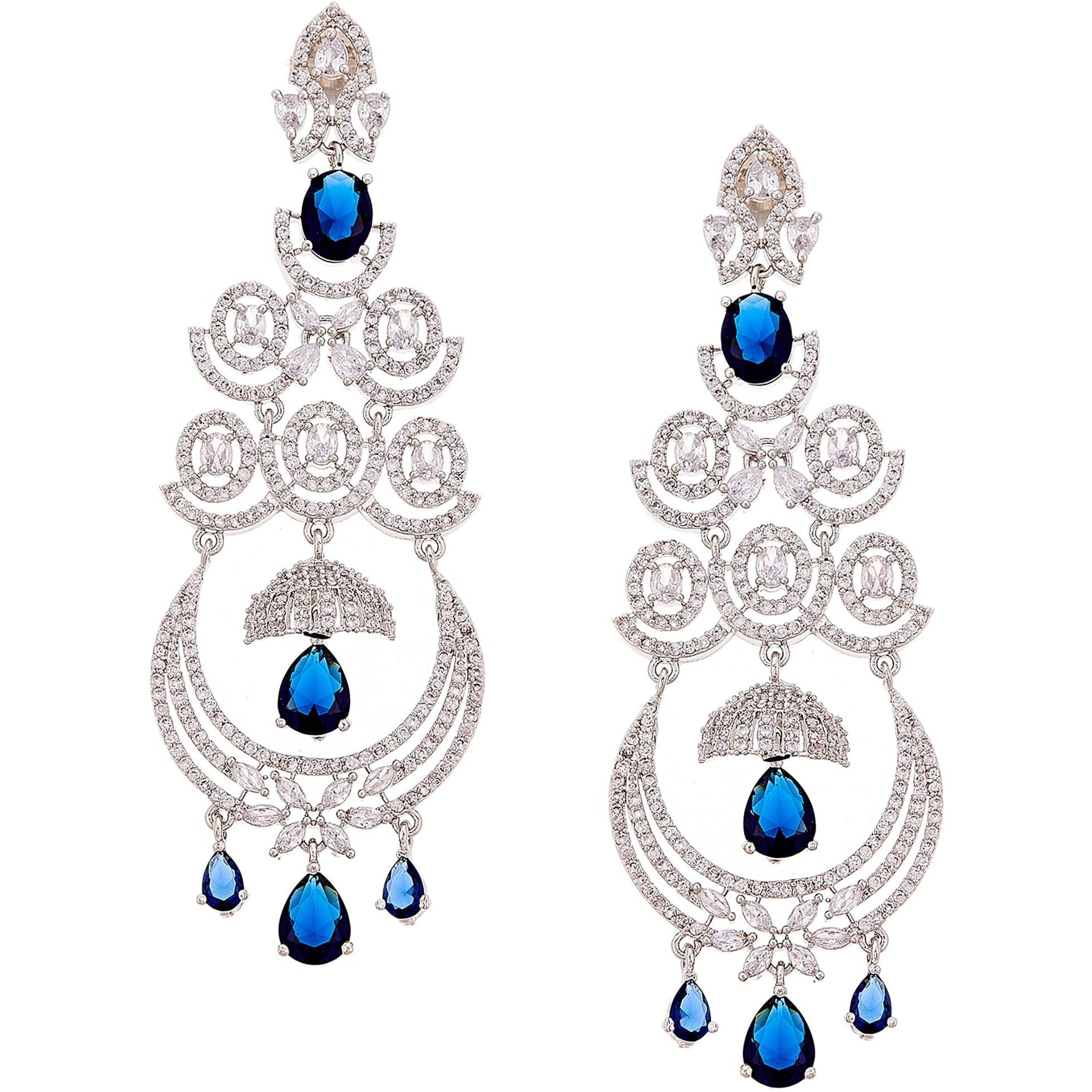 Zeneme Floral Shaped American Diamond Dangle Chandelier Earring For Women And Girls (Blue Rhodium)