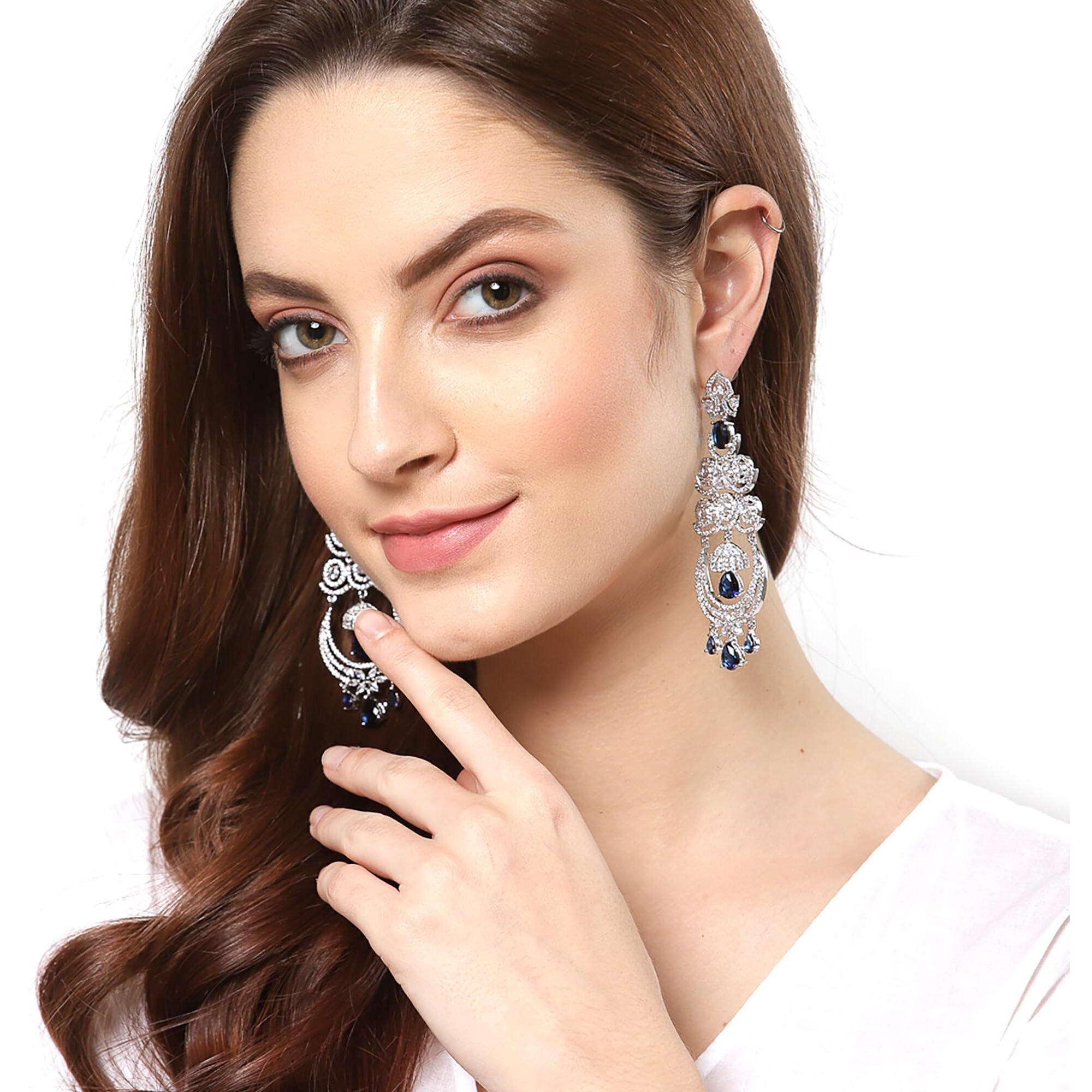 Zeneme Floral Shaped American Diamond Dangle Chandelier Earring For Women And Girls (Blue Rhodium)