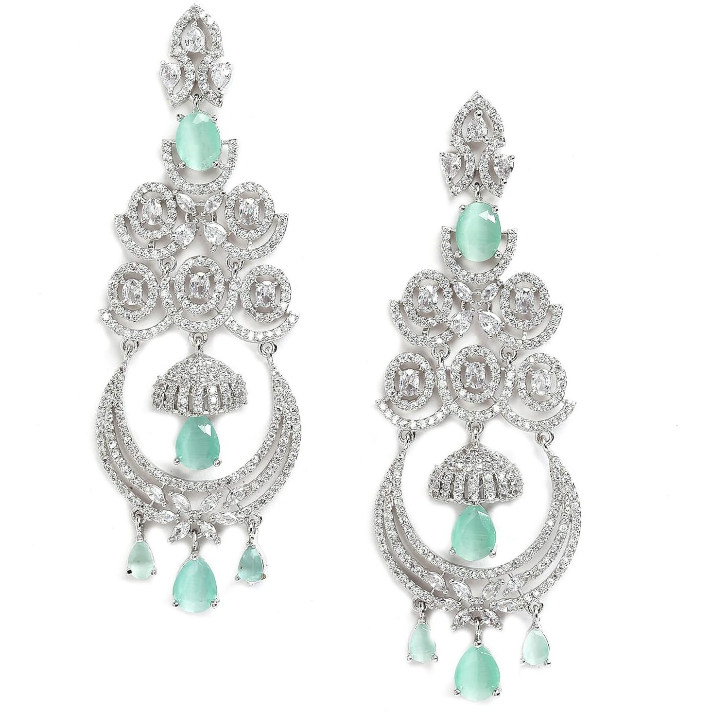 Zeneme Floral Shaped American Diamond Dangle Chandelier Earring For Women And Girls (Mint Rhodium)