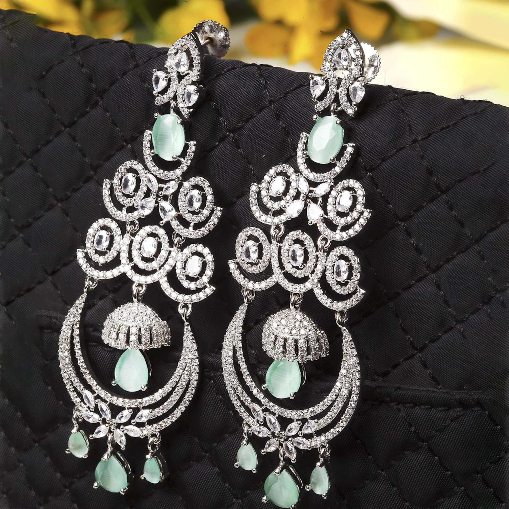 Zeneme Floral Shaped American Diamond Dangle Chandelier Earring For Women And Girls (Mint Rhodium)