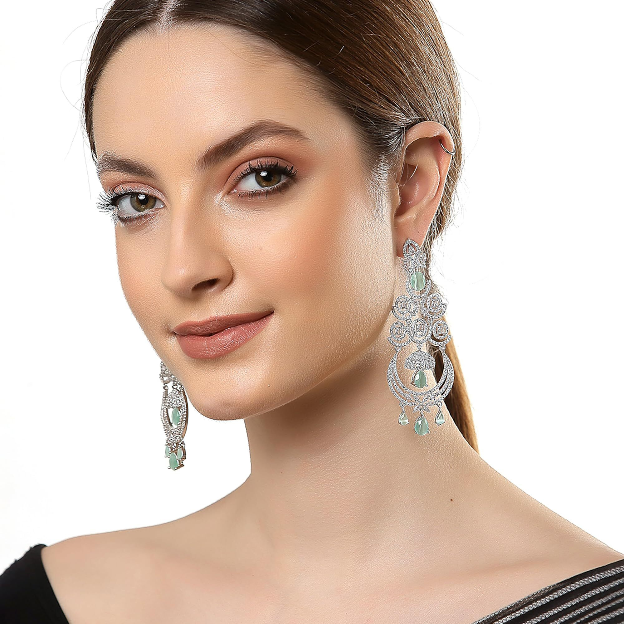 Zeneme Floral Shaped American Diamond Dangle Chandelier Earring For Women And Girls (Mint Rhodium)