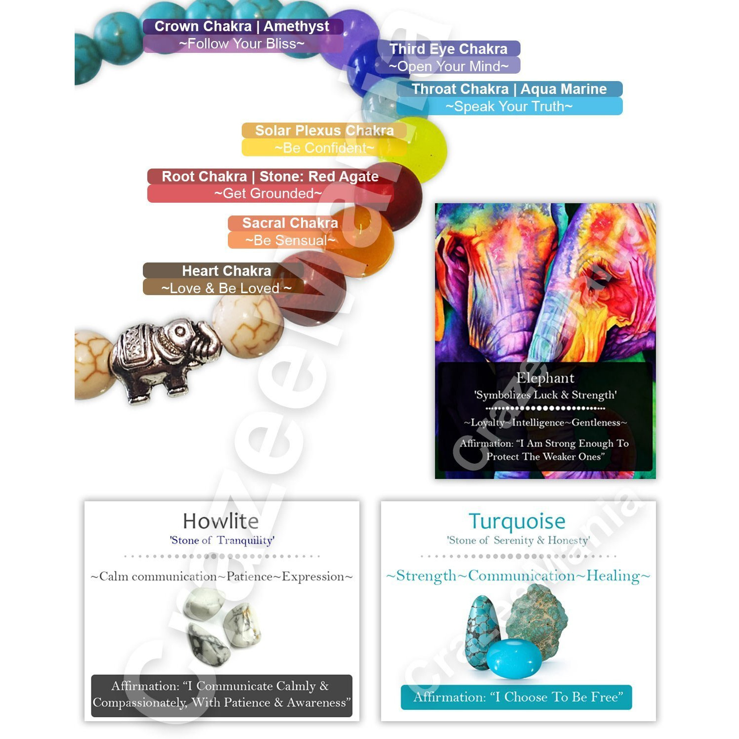 Young & Forever Gift For Unisex Adult Turquoise & Howlite 7 Chakra Healing Energy Stone Reiki Crystal Bracelet B666