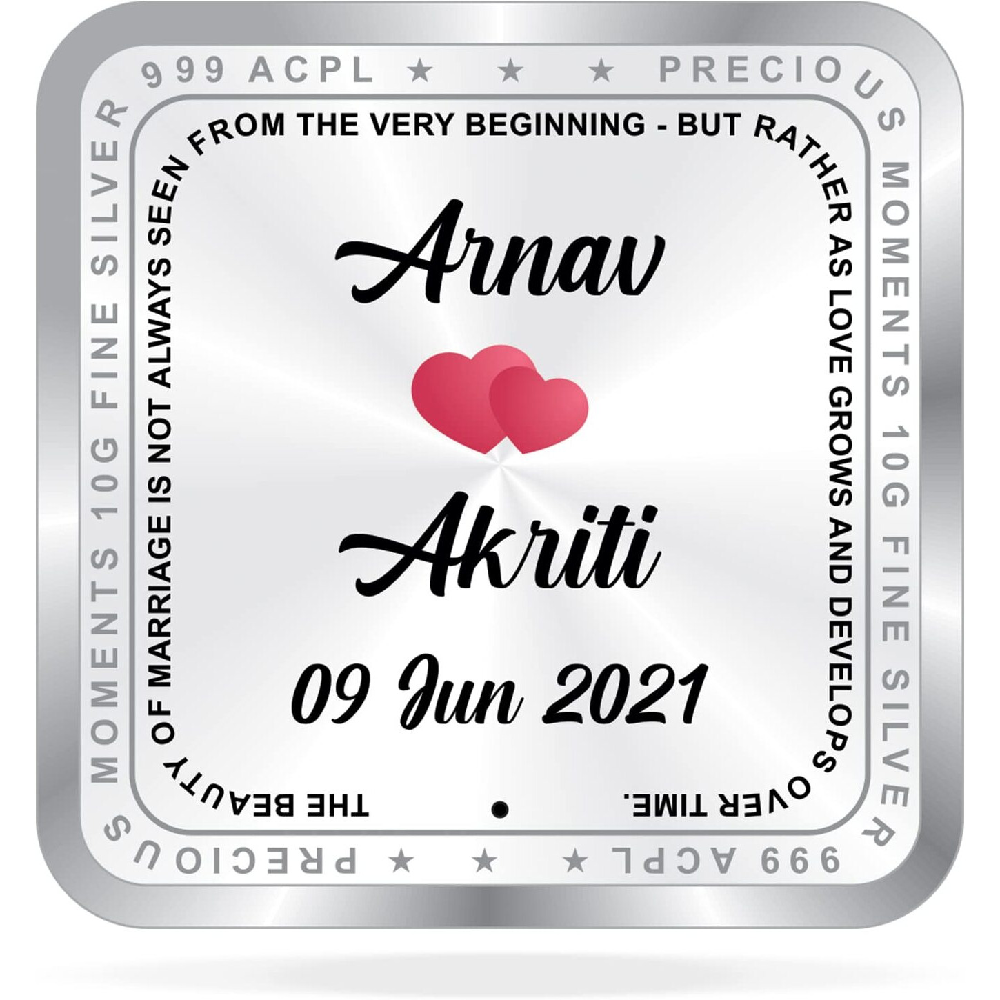 Precious Moments BIS Hallmarked Personalised Newly Married Silver Square Coin 10 Gram 999 Pure