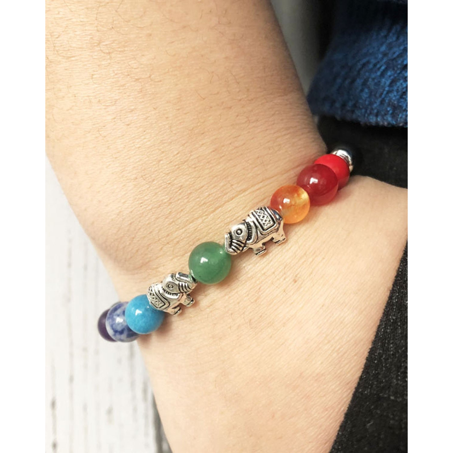 Young & Forever Gift Dvine Onyx Seven Chakra Healing Beads Yoga Reiki Silver Elephant Charm Natural Stone Unisex Spiritual Energy Strand Bracelet for Women