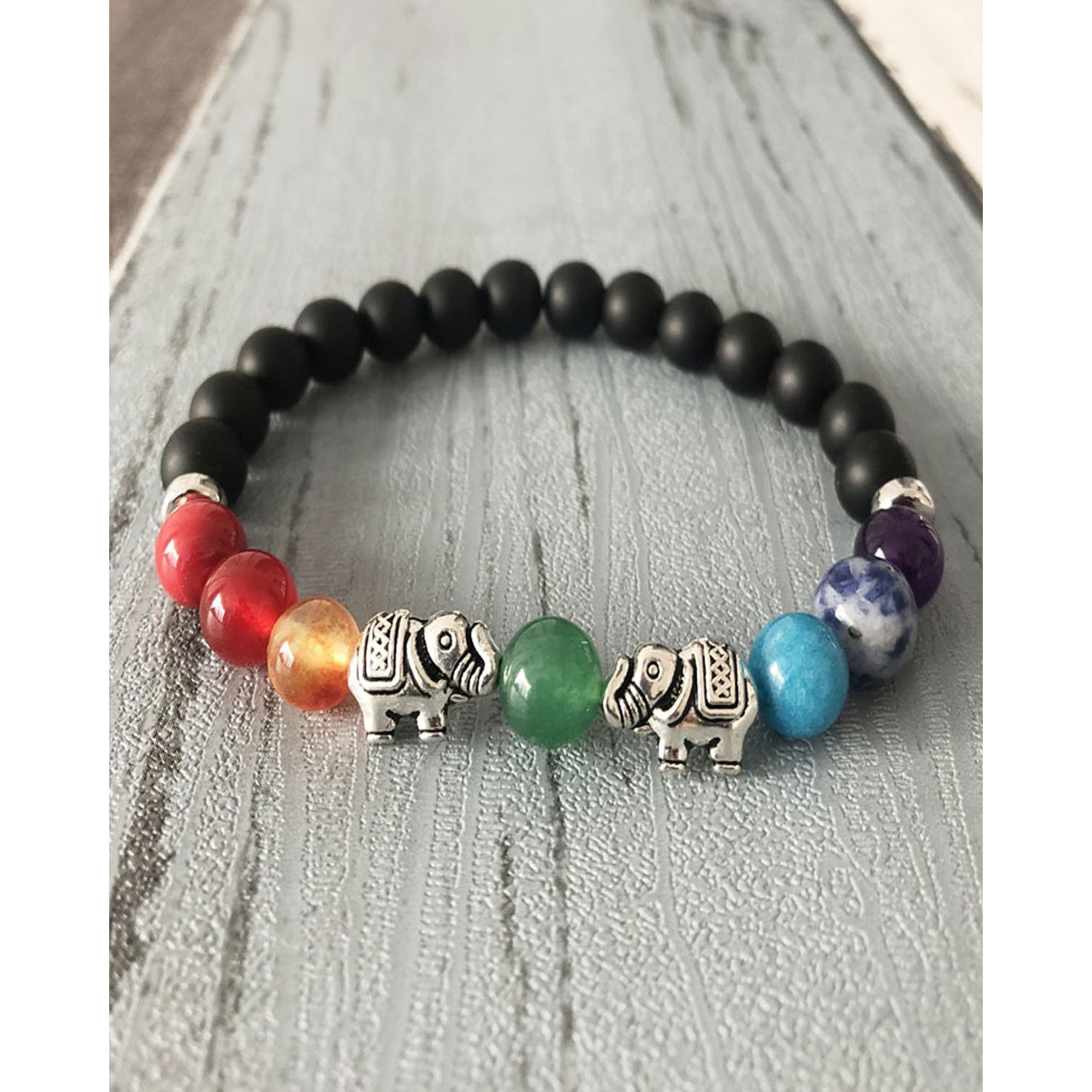 Young & Forever Gift Dvine Onyx Seven Chakra Healing Beads Yoga Reiki Silver Elephant Charm Natural Stone Unisex Spiritual Energy Strand Bracelet for Women
