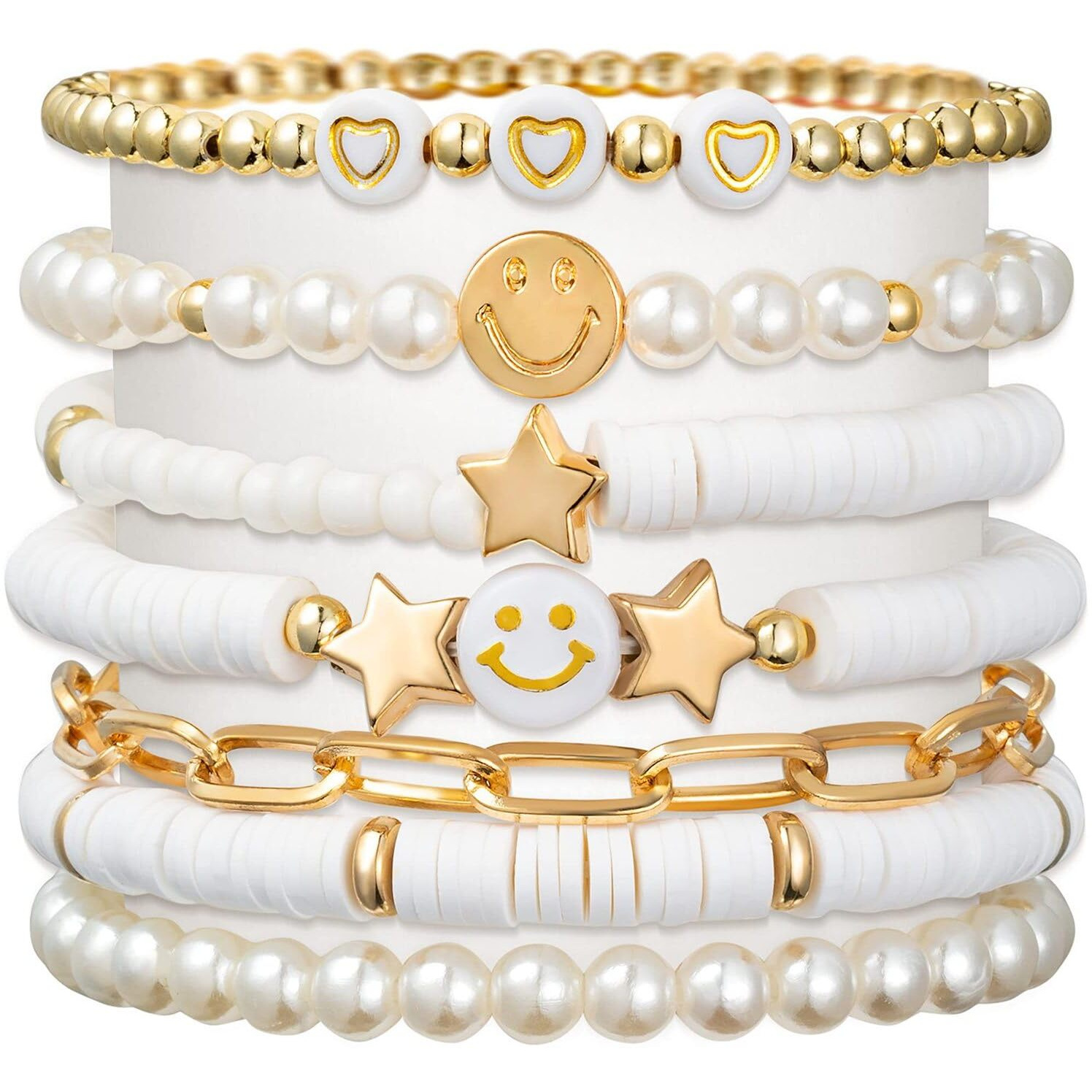 Evolluxi Preppy Bracelets Set Colorful Smiley Face Heart Star Evil Eye Beaded Polymer Clay Pearl Stackable Charm Kid core Bracelets Jewelry for Women Girls Teens. (White)