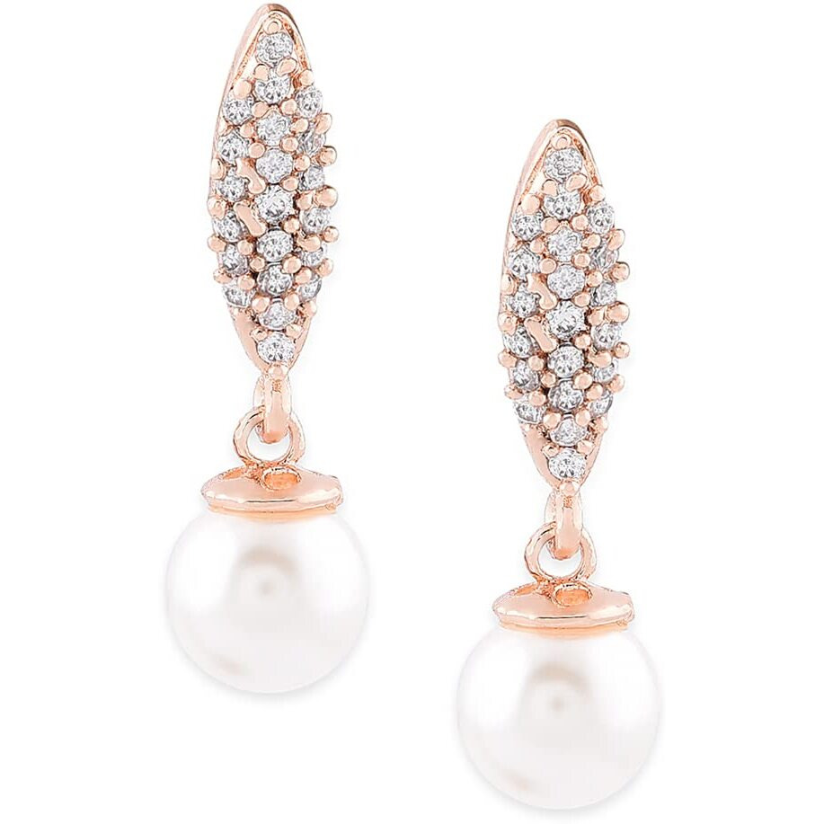 Zaveri Pearls Rose Gold Cubic Zirconia & Pearl Drop Contemporary Brass Earring For Women-ZPFK10089