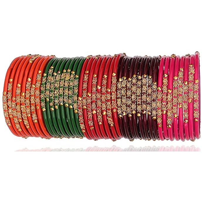 NMII Glass with Zircon Gemstone and Beads Studded Glossy Finished Bangles Set for Women and Girls,(Multicolour-G386_2.2 Inches) Pack Of 40 Bangle Set