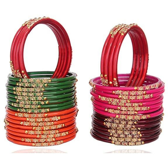 NMII Glass with Zircon Gemstone and Beads Studded Glossy Finished Bangles Set for Women and Girls,(Multicolour-G386_2.2 Inches) Pack Of 40 Bangle Set