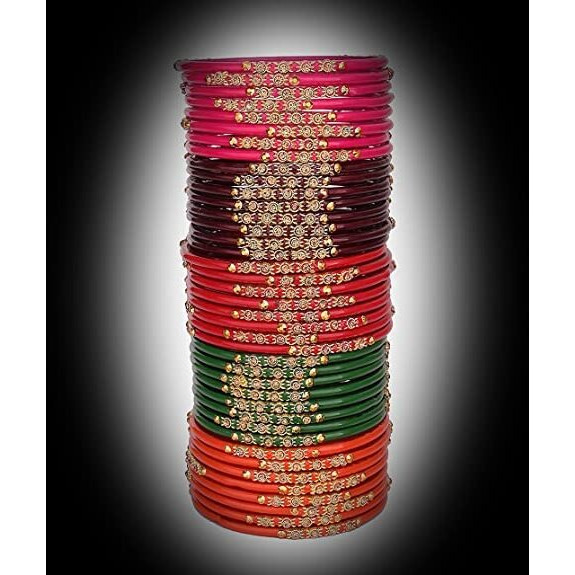 NMII Glass with Zircon Gemstone and Beads Studded Glossy Finished Bangles Set for Women and Girls,(Multicolour-G386_2.2 Inches) Pack Of 40 Bangle Set