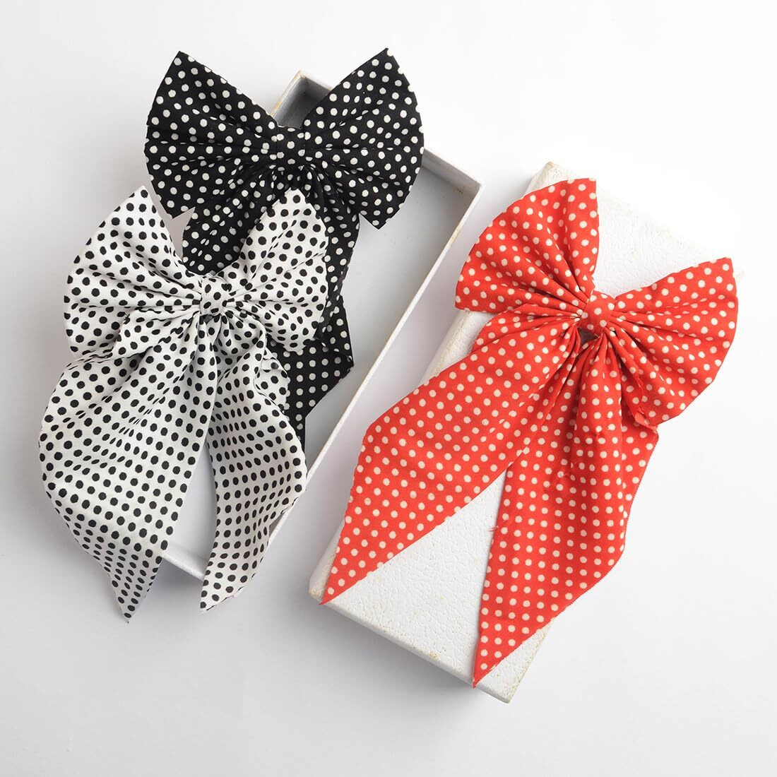 Radhu & Kabby Hair Bow for Women/Girls | Polka Print Hair Bow Clip | Fancy & Stylish Hair Accessories | Anti-Hair Breakage | Red White Black | Pack Of 3 Pcs