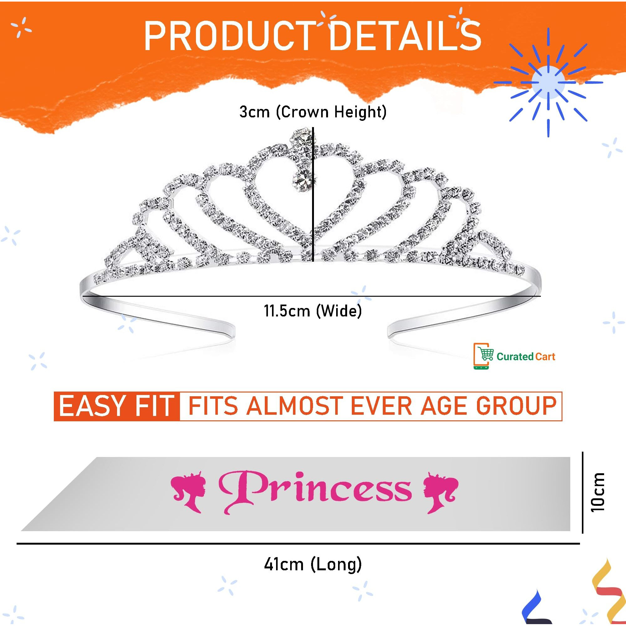 Curated Cart Princess Sash And Crown For Happy Birthday, Girls Birthday Items Combo Kit (White)