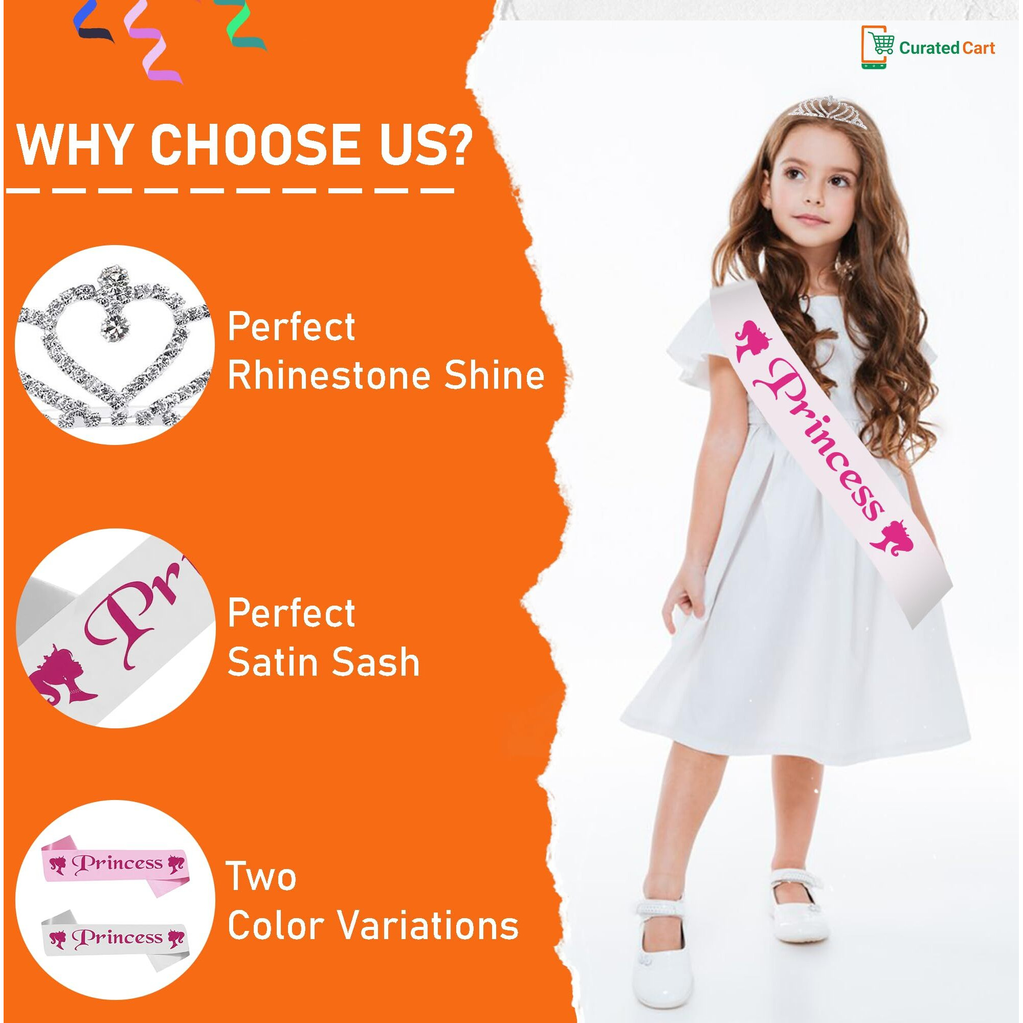 Curated Cart Princess Sash And Crown For Happy Birthday, Girls Birthday Items Combo Kit (White)