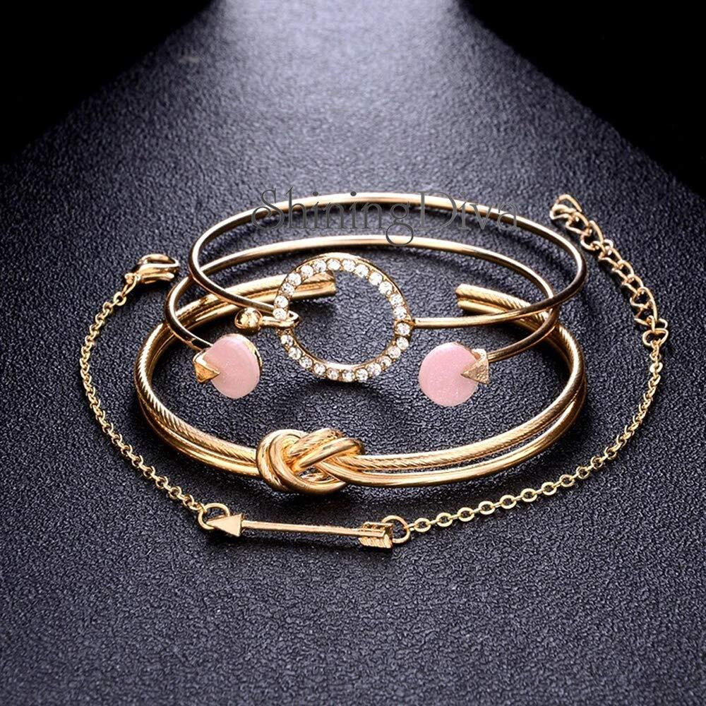 Shining Diva Fashion Set Of 4 Stylish Multilayer Crystal Bangle Charm Bracelet for Women (Golden) (10736b)