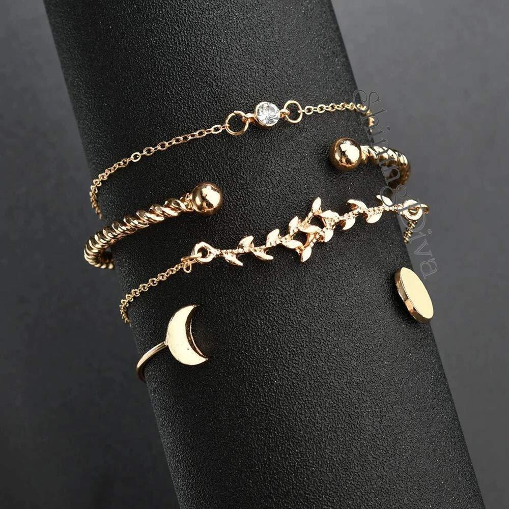 Shining Diva Fashion Set of 4 Crystal Multilayer Charm Bangle Gold Plated Bracelet for Women and Girls (Golden) (rrsd10676b)