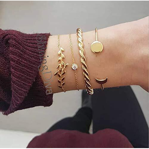 Shining Diva Fashion Set of 4 Crystal Multilayer Charm Bangle Gold Plated Bracelet for Women and Girls (Golden) (rrsd10676b)