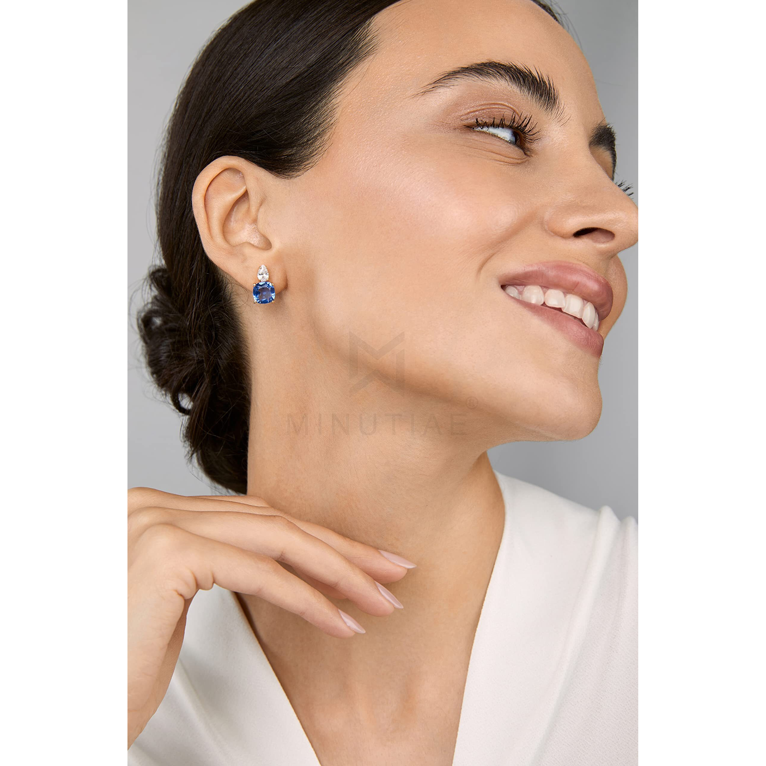 MINUTIAE 18KT Gold Plated Blue Titanic & White Pear Shape Crystal Ear Tops Stud Earring Jewellery For Women and Girls