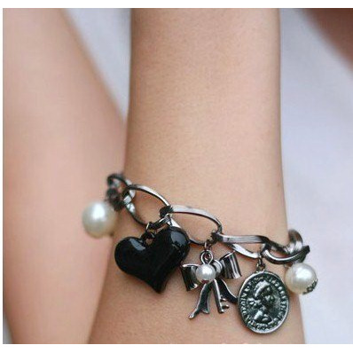 Shining Diva Fashion Heart Charm Bracelet for Girls and Women (Black) (6854b)