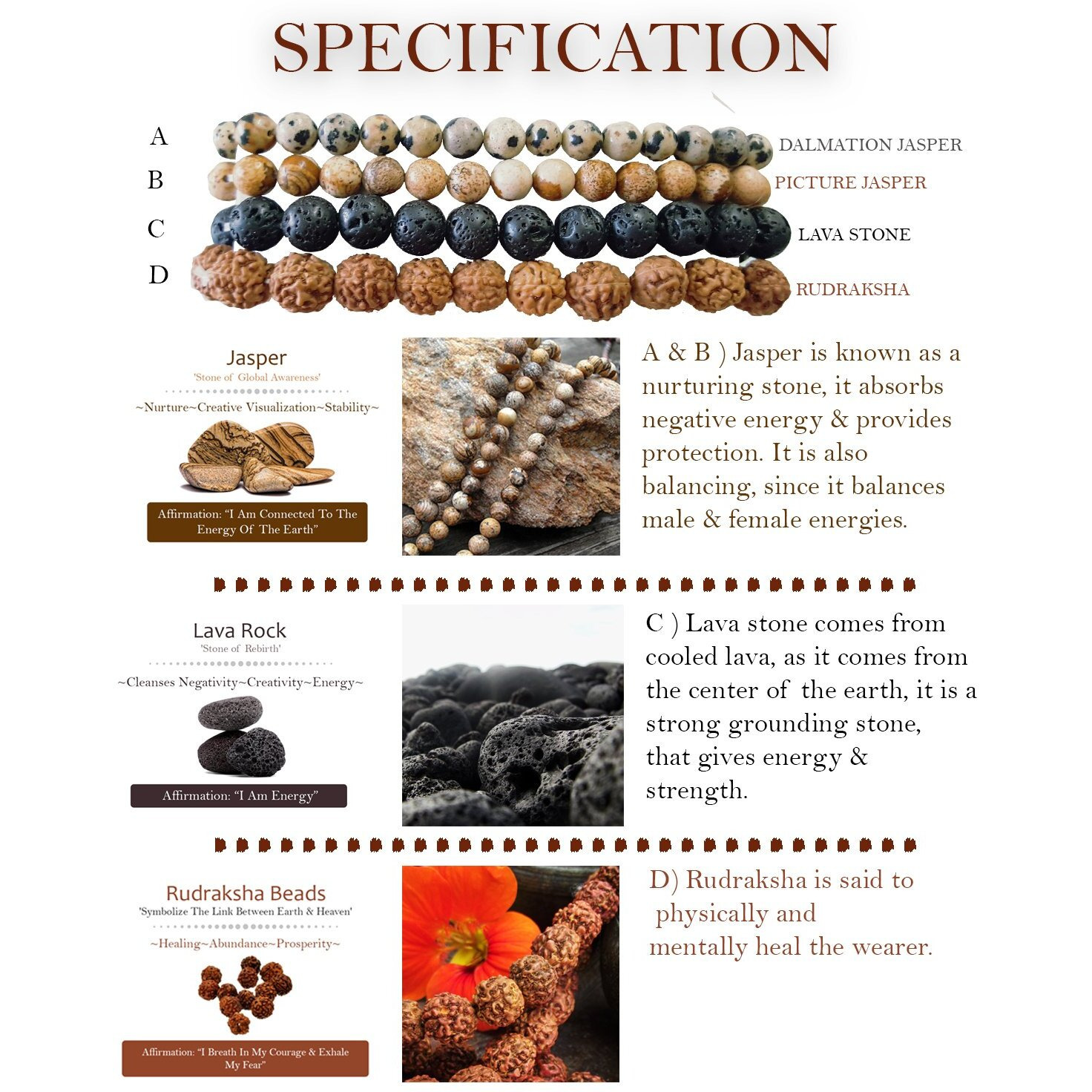 Young & Forever Gift Dvine Dalmation and Picture Jasper Lava Rock Rudraksha Stone Beads Diffuser Healing Yoga Reiki Natural Energy Multistrand Bracelet for Men and Women