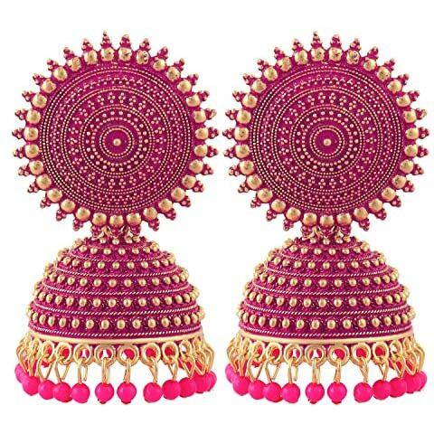 Fashion Frill Mesmerizing Traditional Gold Plated Floral Golden Pink Jhumkas Pearl Studded Earrings For Women Girls (Pink)