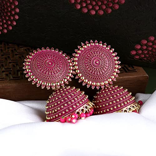 Fashion Frill Mesmerizing Traditional Gold Plated Floral Golden Pink Jhumkas Pearl Studded Earrings For Women Girls (Pink)