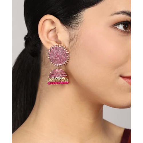 Fashion Frill Mesmerizing Traditional Gold Plated Floral Golden Pink Jhumkas Pearl Studded Earrings For Women Girls (Pink)