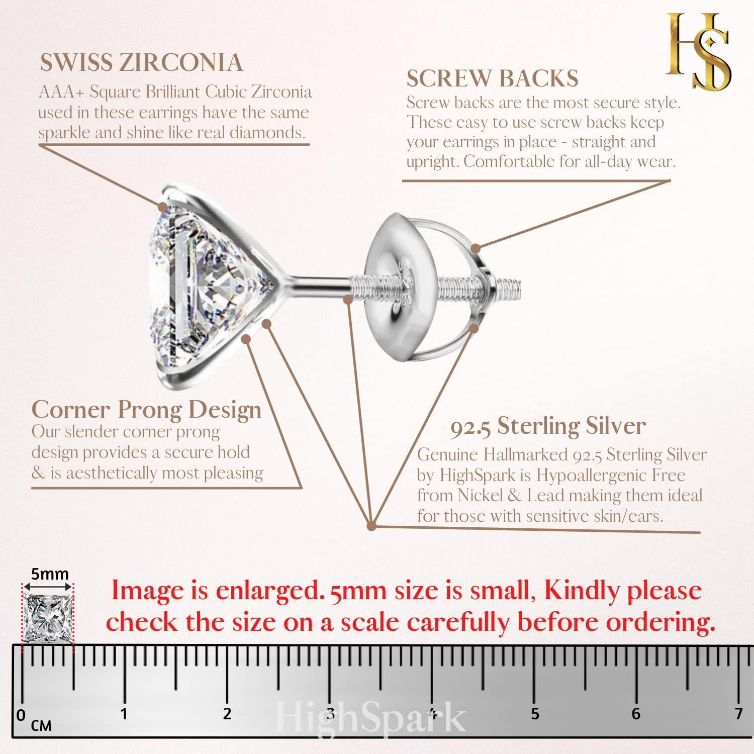 HIGHSPARK 925 Silver Solitaire Screwback Stud Earrings | 92.5 Sterling Silver & Square Princess Cut Brilliant Zirconia Tops for Men, Women, Boys and Girls | Silver 5mm