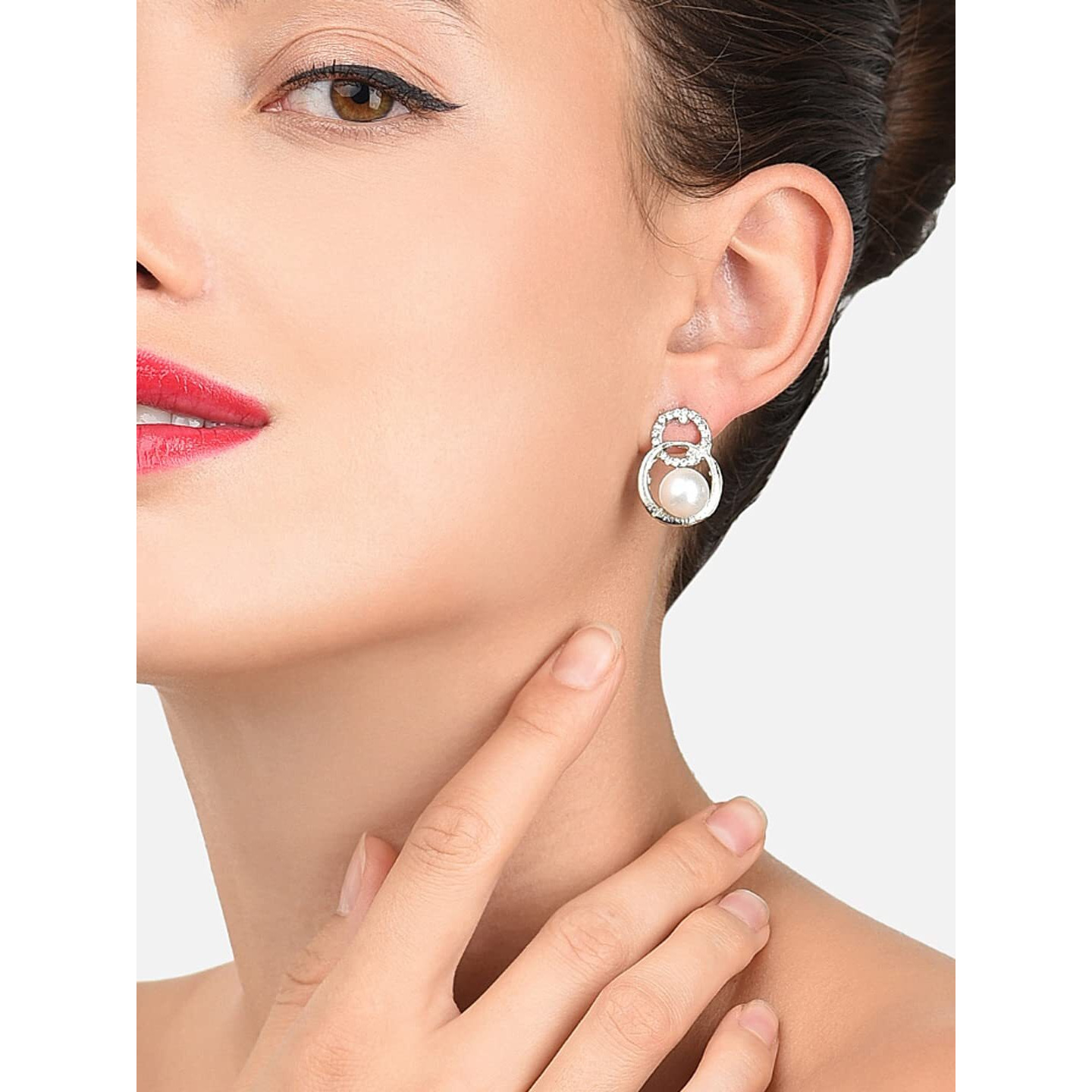 Zaveri Pearls Silver Tone Embellished With Austrian Diamonds & Pearl Stud Earring For Women-ZPFK8342
