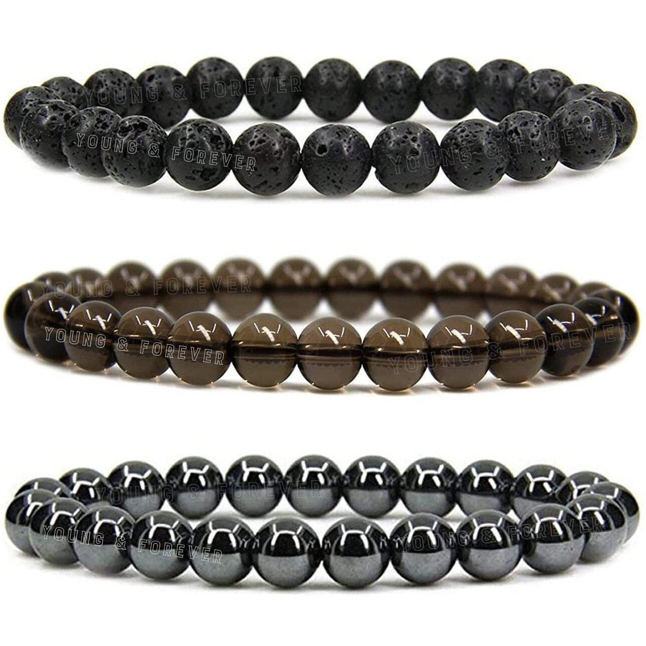 Young & Forever Gift Dvine Spiritual Natural Semi-Precious Hematite Smoky Quartz Lava Rock Bracelet for Men and Women Set of 3