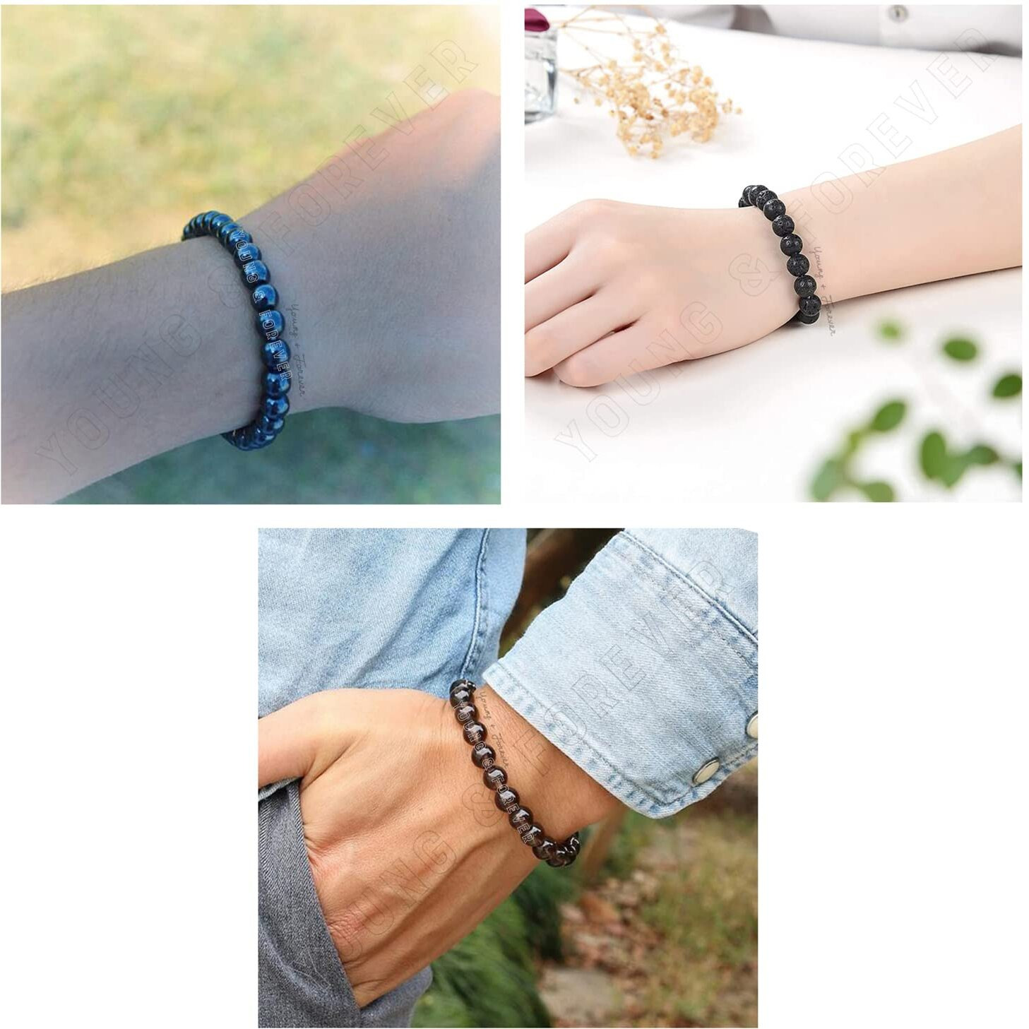 Young & Forever Gift Dvine Spiritual Natural Semi-Precious Hematite Smoky Quartz Lava Rock Bracelet for Men and Women Set of 3