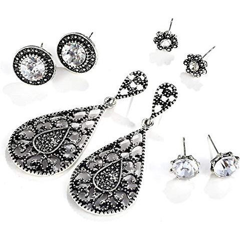 Shining Diva Fashion Womens 4 Pairs Combo Stylish Traditional Oxidized Silver Base Metal Stud Earrings - Grey (9927er)