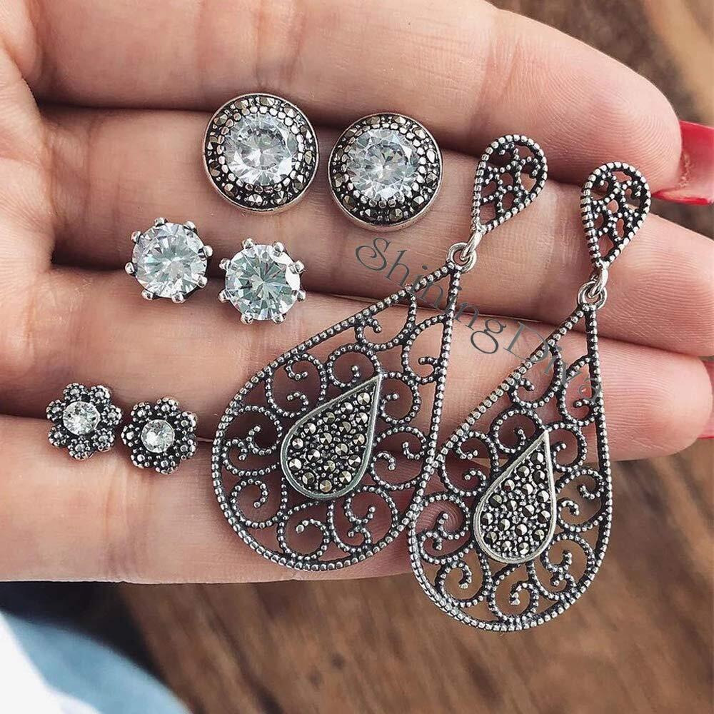 Shining Diva Fashion Womens 4 Pairs Combo Stylish Traditional Oxidized Silver Base Metal Stud Earrings - Grey (9927er)