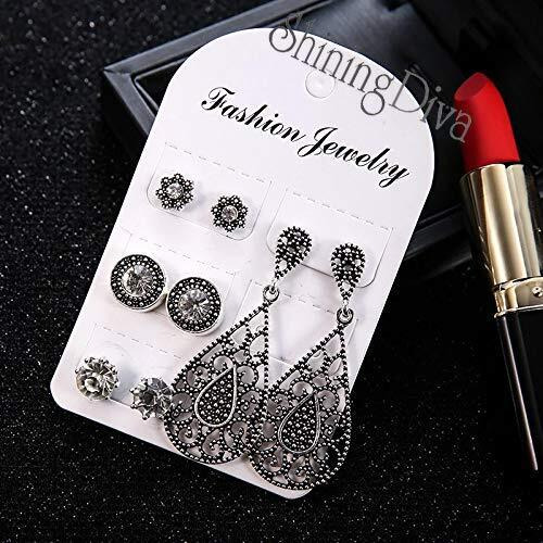 Shining Diva Fashion Womens 4 Pairs Combo Stylish Traditional Oxidized Silver Base Metal Stud Earrings - Grey (9927er)