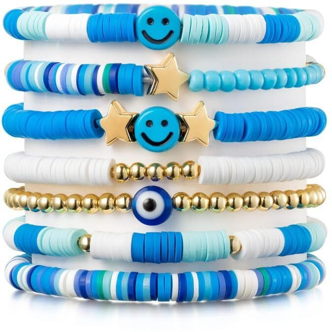 Evolluxi Preppy Bracelets Set Colorful Smiley Face Heart Star Evil Eye Beaded Polymer Clay Pearl Stackable Charm Kid core Bracelets Jewelry for Women Girls Teens. (Blue)