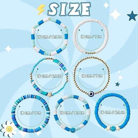 Evolluxi Preppy Bracelets Set Colorful Smiley Face Heart Star Evil Eye Beaded Polymer Clay Pearl Stackable Charm Kid core Bracelets Jewelry for Women Girls Teens. (Blue)