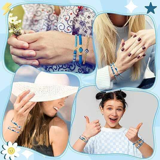 Evolluxi Preppy Bracelets Set Colorful Smiley Face Heart Star Evil Eye Beaded Polymer Clay Pearl Stackable Charm Kid core Bracelets Jewelry for Women Girls Teens. (Blue)