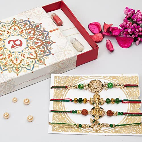 To The Nines Rakhi for Brother with Tilak Material & Greeting Card - Pack of 4 Rakhi