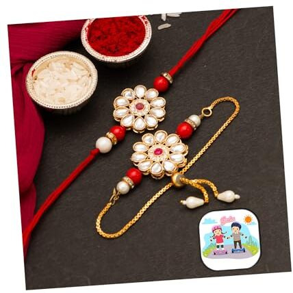 CraftVatika Rakhi Set for Brother and Bhabhi Designer Floral Rakhi for Bhaiya Kundan Lumba Rakhi Braclet for Bhabhi Couple Rakhi Set of 2 Raksha Bandhan Rakhi Fridge Magnet for Door Decor