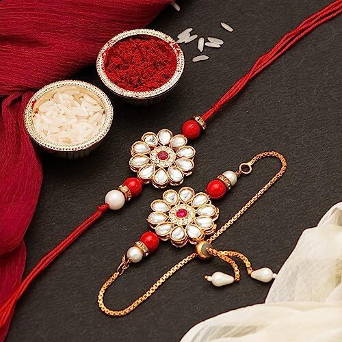 CraftVatika Rakhi Set for Brother and Bhabhi Designer Floral Rakhi for Bhaiya Kundan Lumba Rakhi Braclet for Bhabhi Couple Rakhi Set of 2 Raksha Bandhan Rakhi Fridge Magnet for Door Decor