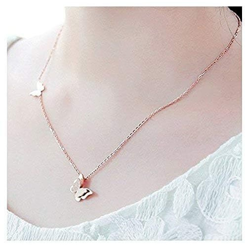 Shining Diva Fashion Stylish 18k Rose Gold Plated Double Crystal Butterfly Cubic Zirconia Chain Pendant Chain for Girls (Golden, 10725np)