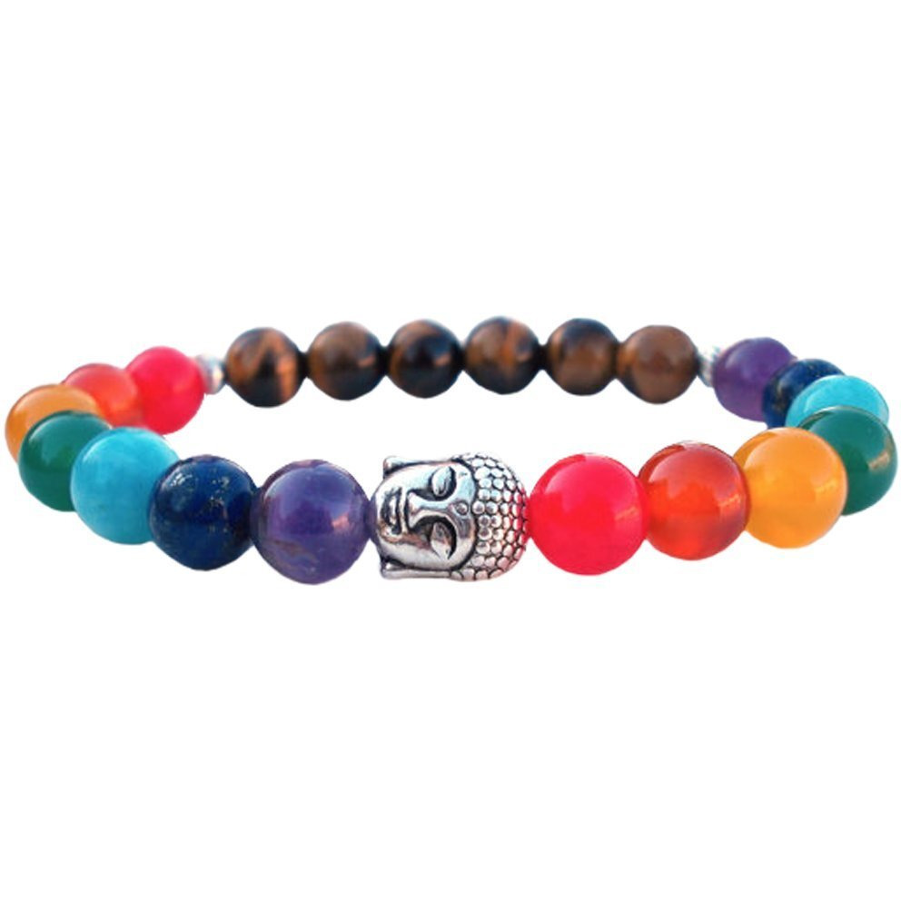 Young & Forever Gift Tiger Eye Buddha charm Natural Stones and 7 Chakra Reiki Buddha Beads Bracelet for Men and Women