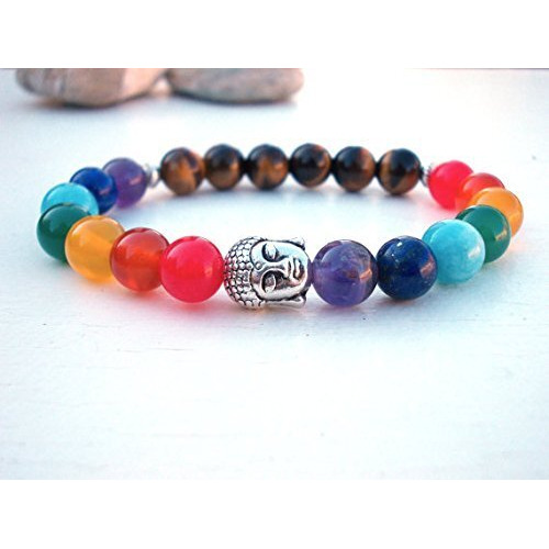 Young & Forever Gift Tiger Eye Buddha charm Natural Stones and 7 Chakra Reiki Buddha Beads Bracelet for Men and Women