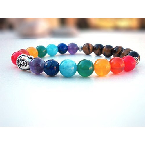 Young & Forever Gift Tiger Eye Buddha charm Natural Stones and 7 Chakra Reiki Buddha Beads Bracelet for Men and Women