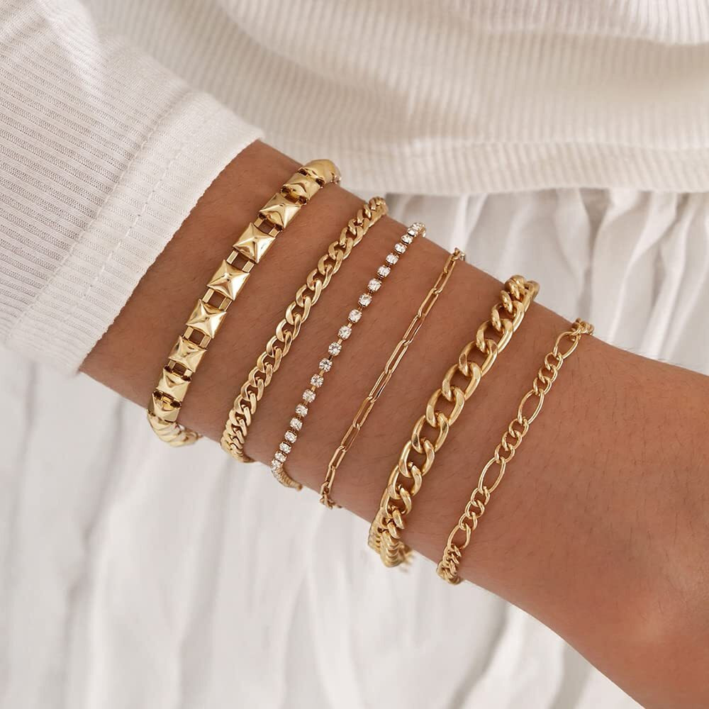 Shining Diva Fashion Set of 6 Stylish Multilayer Crystal Gold Plated Bracelet for Women and Girls (Golden) (rrsd13091b), One Size
