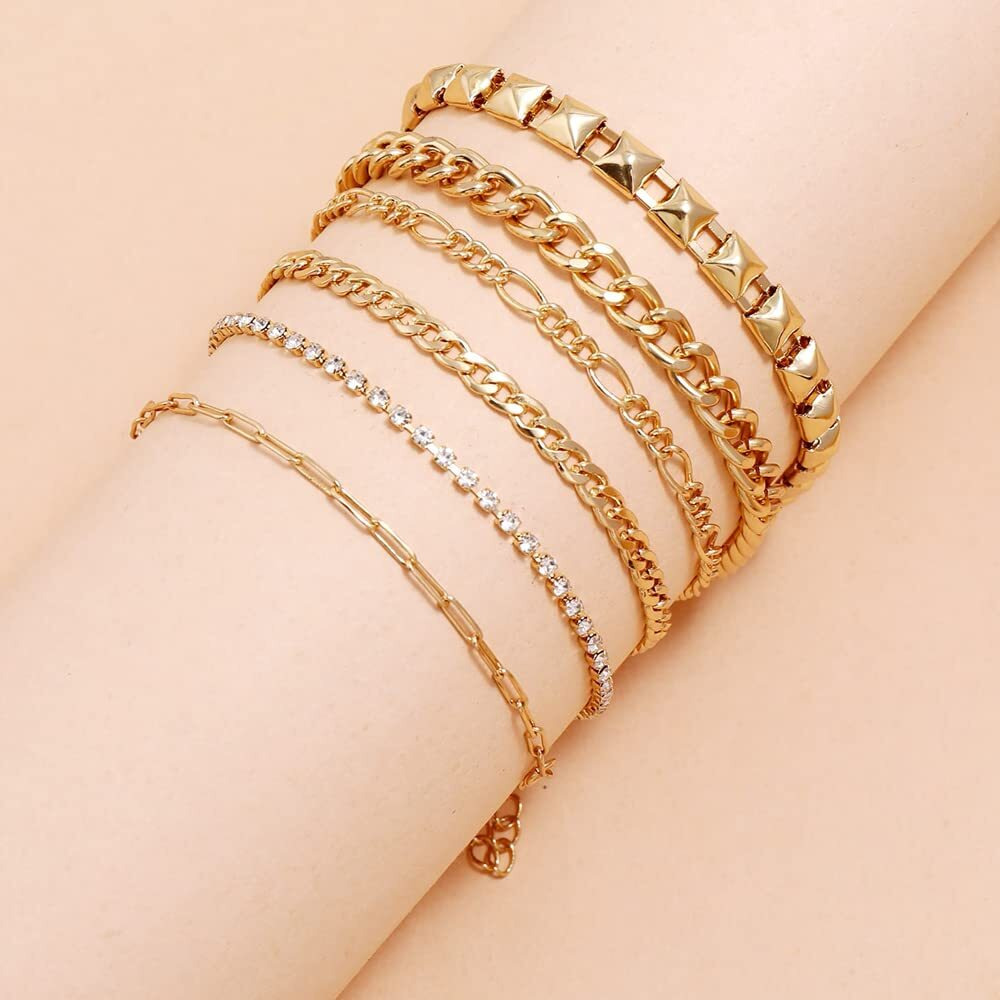 Shining Diva Fashion Set of 6 Stylish Multilayer Crystal Gold Plated Bracelet for Women and Girls (Golden) (rrsd13091b), One Size